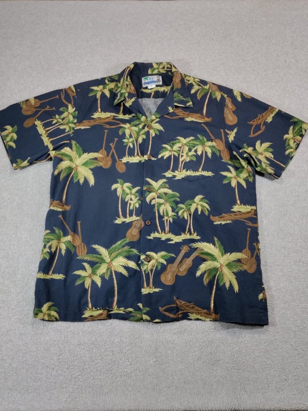 RJC Ltd Mens L Hawaiian Aloha Shirt Palm Tree Ukulele Navy Made Hawaii